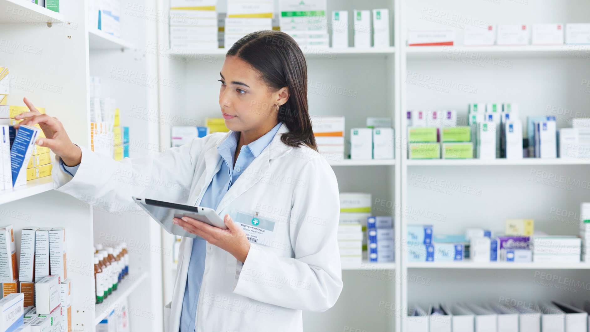 Buy stock photo Medicine, tablet and pharmacist doing search on shelf dispensary for prescription information. Medical, digital technology and female chemist checking inventory for medication in drugstore or clinic.