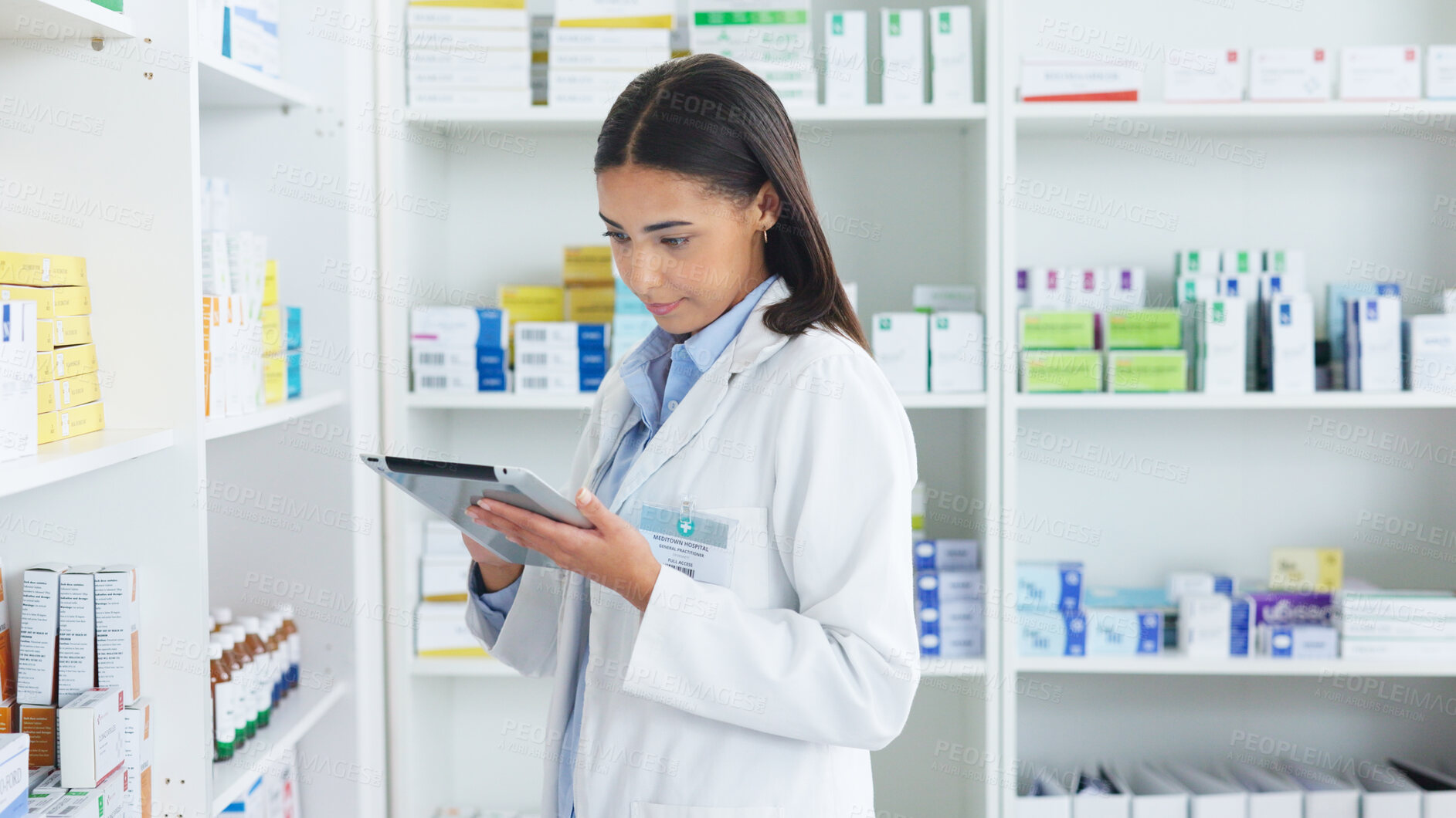 Buy stock photo Medicine, tablet and woman pharmacist doing research at dispensary for prescription treatment. Medical, digital technology and female chemist check stock inventory for medication in drugstore clinic.