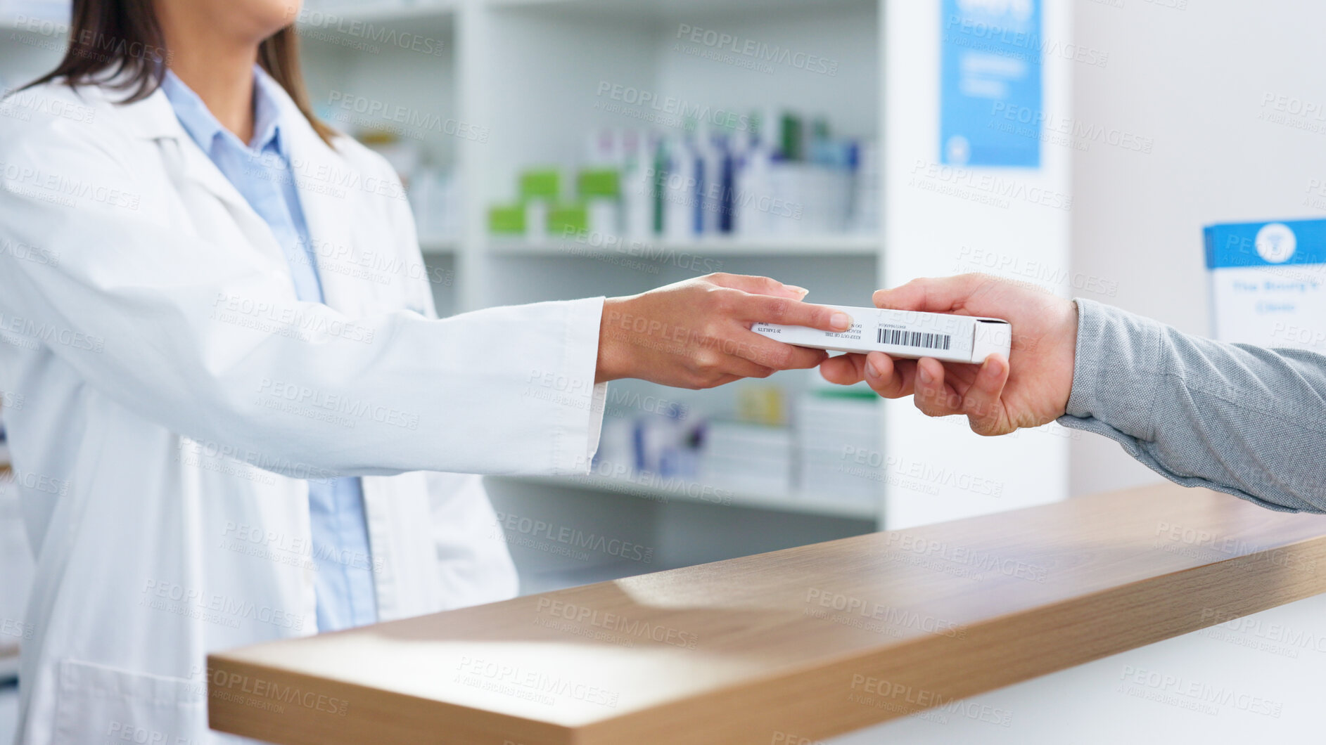 Buy stock photo Pharmacist hands patient medicine, pills for healthcare in drug store. Closeup, shopping and doctor giving customer medical product, prescription medication or supplements box at table in pharmacy