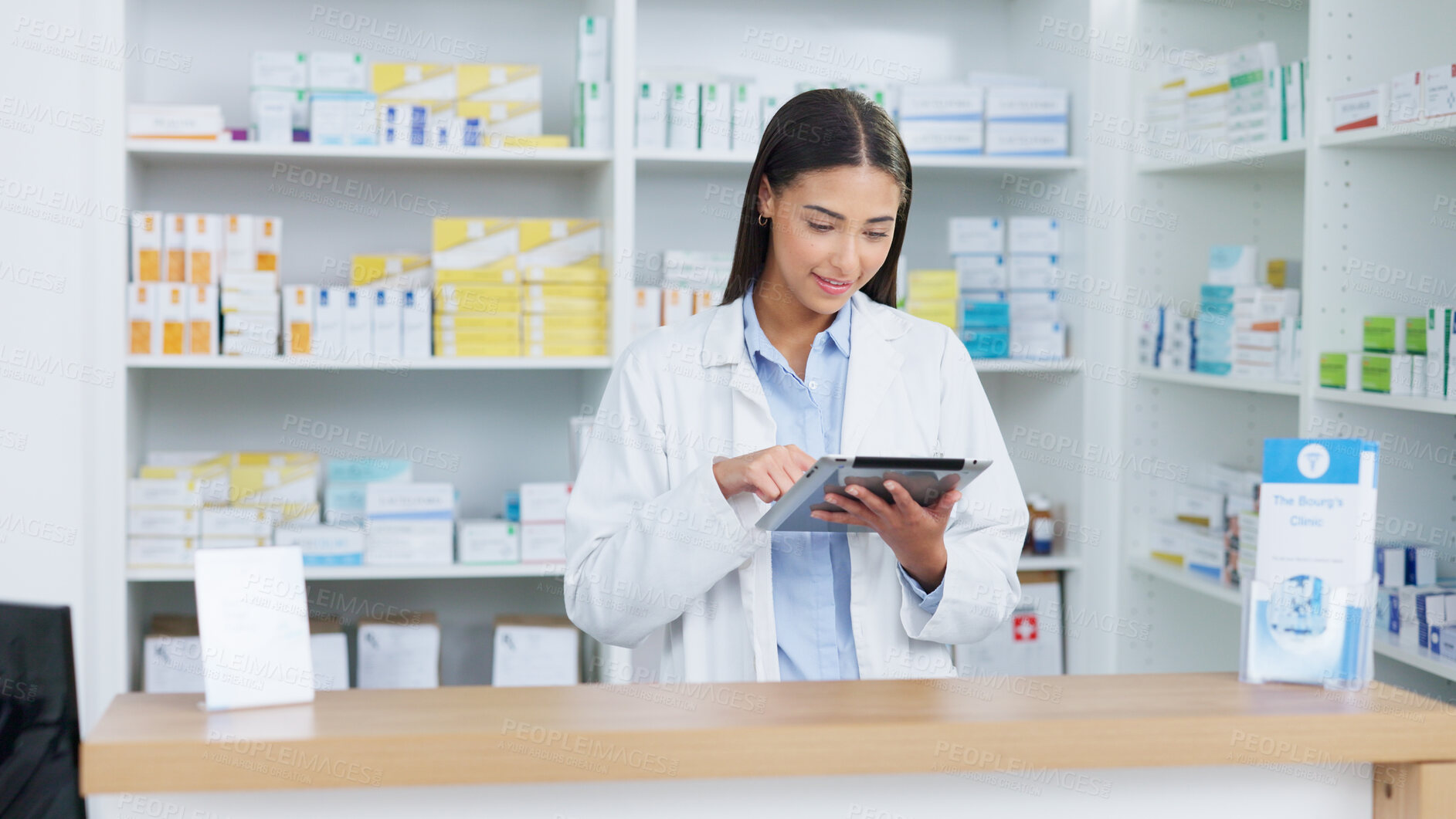 Buy stock photo Healthcare, tablet and woman pharmacist doing research at dispensary for prescription medication. Medical, digital technology and female chemist check stock inventory for medicine in drugstore clinic