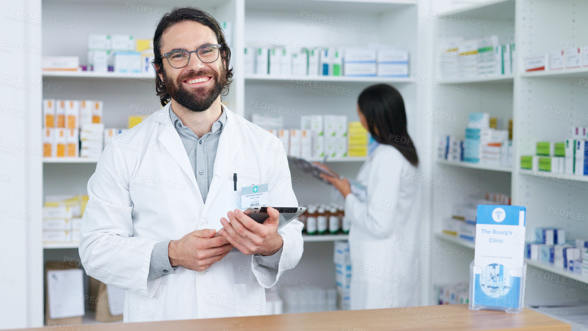 Buy stock photo Tablet, pharmacy and portrait of man for online medical care, website service and wellness app. Healthcare, telehealth and pharmacist with digital technology for medication, medicine and prescription
