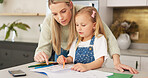 Education, mother and learning child writing or drawing for kindergarten school homework or project in a house. Support, development and mama helping or working with a smart and creative girl student