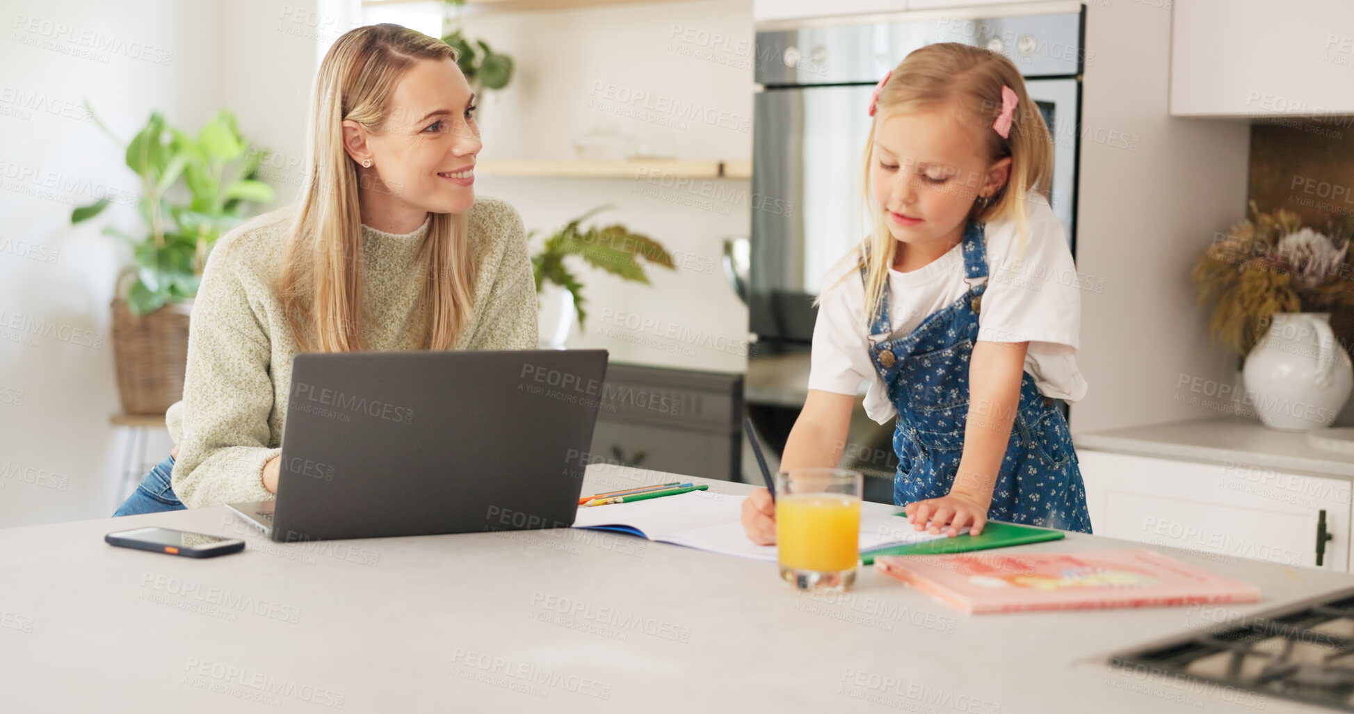 Buy stock photo Education, mother and girl writing in kitchen for school task, assignment or homework. Family, learning or woman with child teaching, explaining or helping kid with books on table and remote work