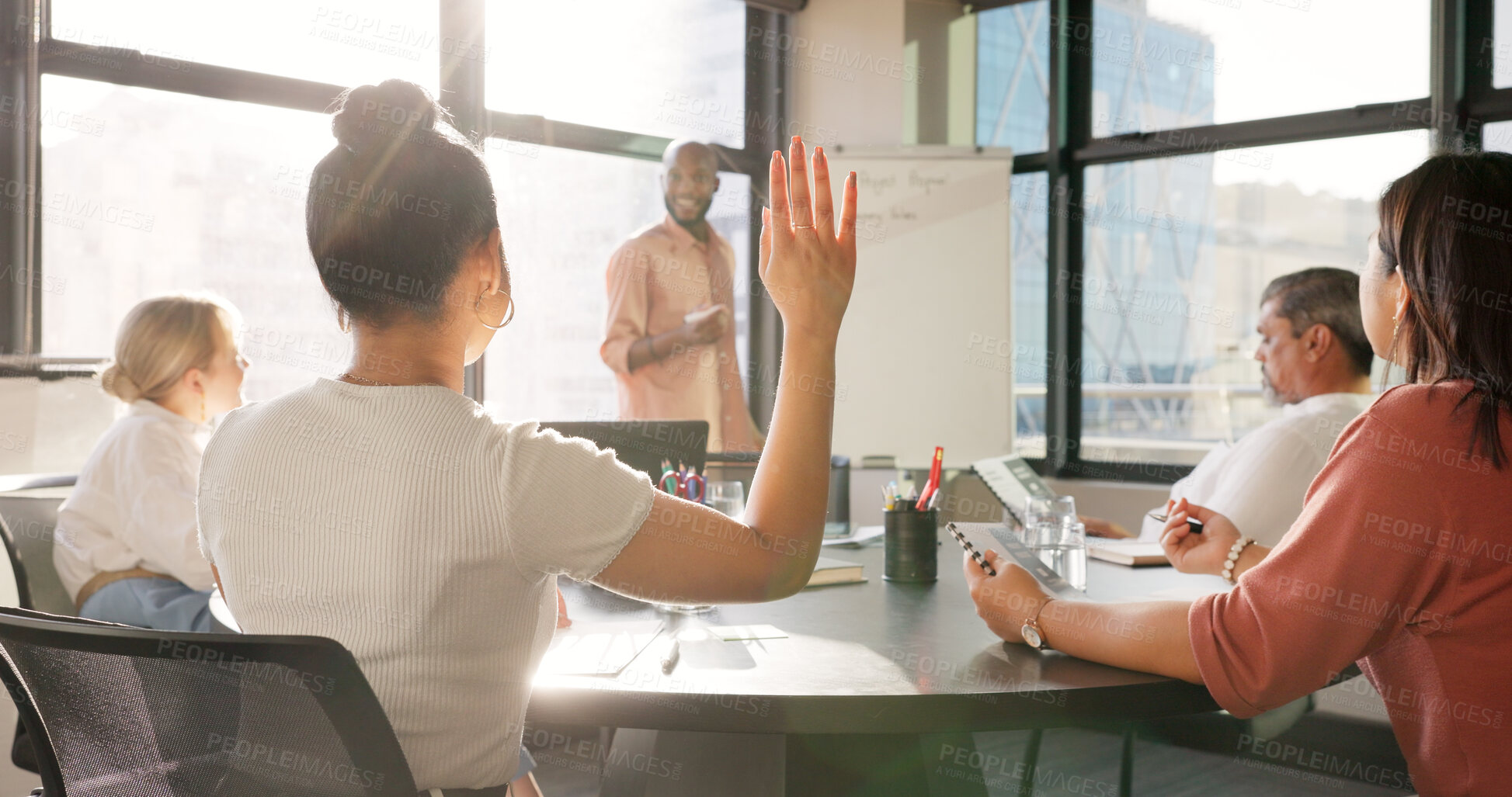 Buy stock photo Business people, meeting questions and presentation on whiteboard for staff training, company pitch or project ideas. Professional group, employees and manager or presenter with marketing feedback