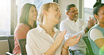 Audience applause, seminar and people at conference clapping for training workshop, presentation or trade show event. Team congratulations, group support meeting and crowd clap for tradeshow speech