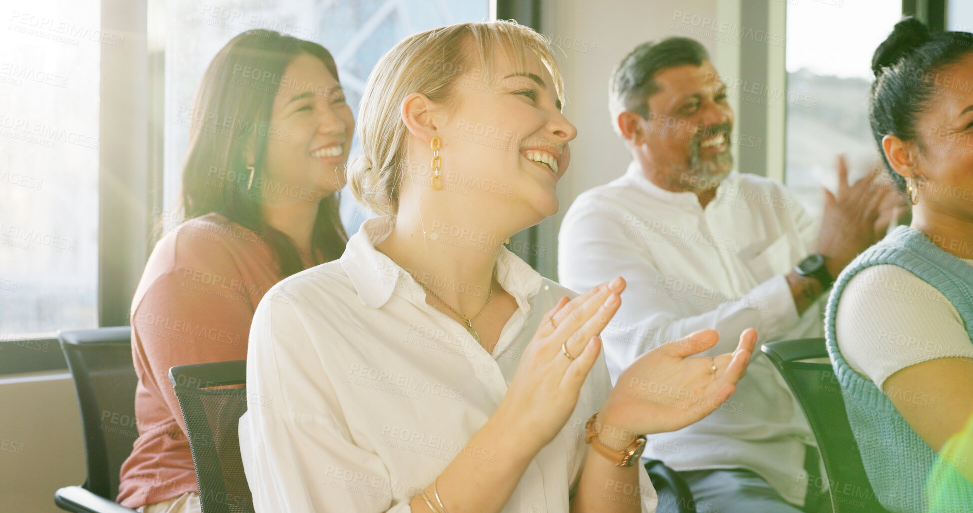 Buy stock photo Business people, audience and team applause for meeting success, congratulations or praise in workshop or conference. Happy group of employees listening and clapping for news and support in workshop