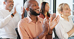 Applause, crowd and seminar with a business team clapping during a convention or training in the workplace. Conference, presentation and speech with a man and woman employee audience applauding