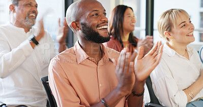 Applause, crowd and seminar with a business team clapping during a convention or training in the workplace. Conference, presentation and speech with a man and woman employee audience applauding