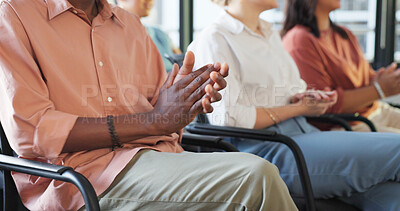 Hands, applause and crowd with a business team clapping during a meeting, presentation or seminar at work. Goal, coaching and support with a man and woman employee group listening to a lecture