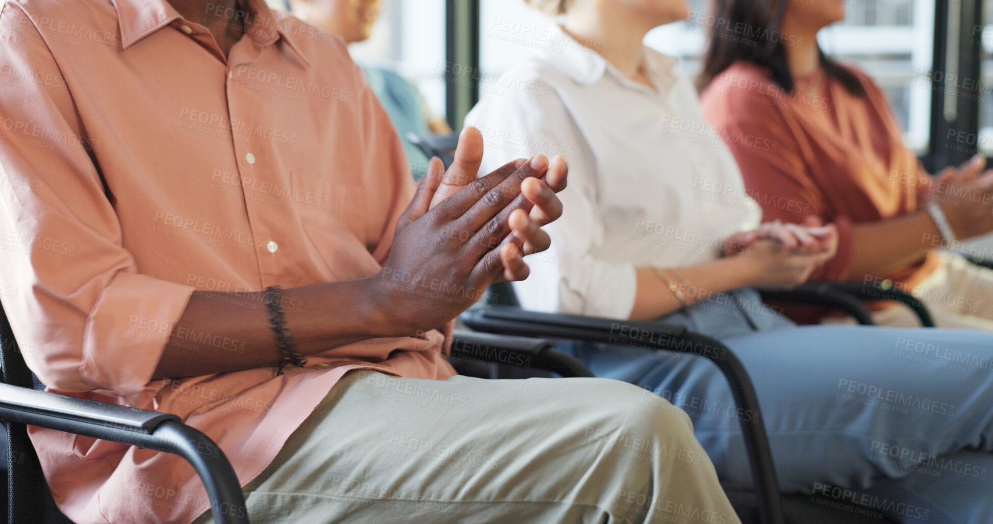 Buy stock photo Hands, business people and team applause in conference, tradeshow and achievement of success. Closeup, employees and audience clapping for celebration, praise and winning award at seminar convention