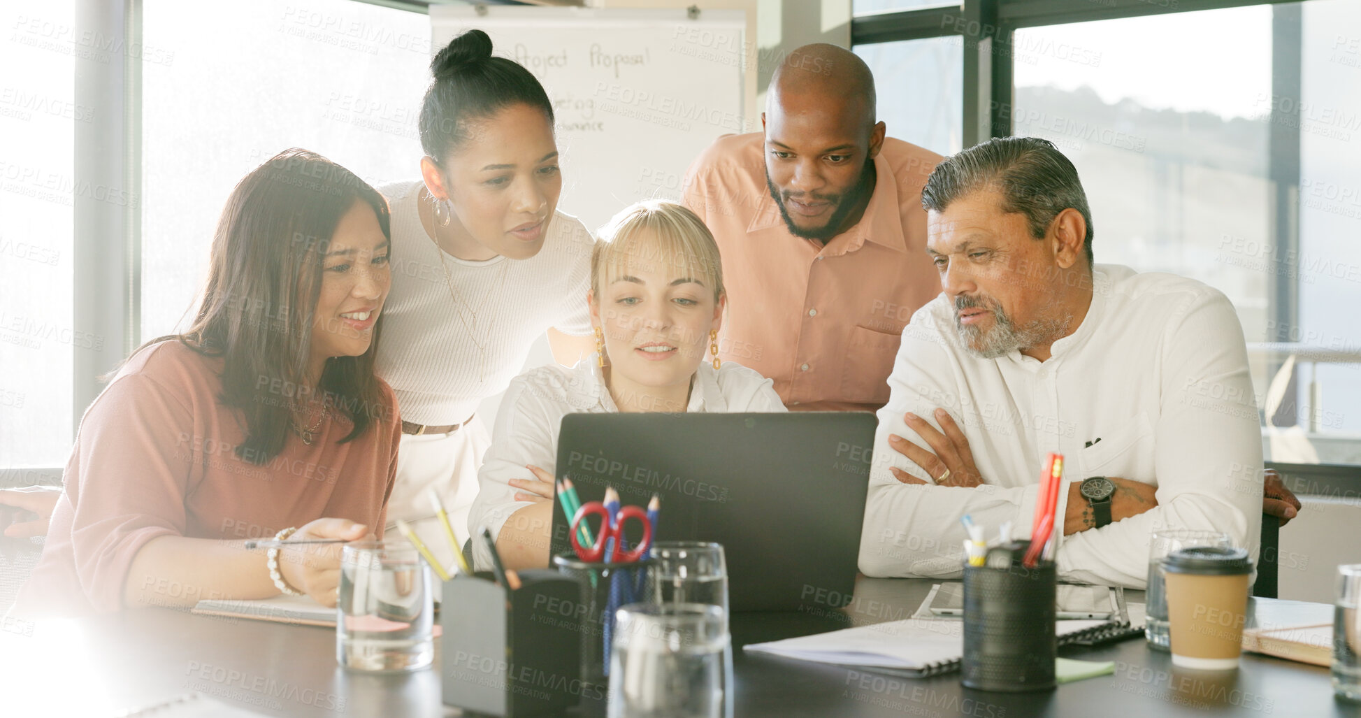 Buy stock photo Business people, laptop collaboration and meeting planning for website advertising and startup project. Group of women and men on computer for agency presentation, staff training or office teamwork