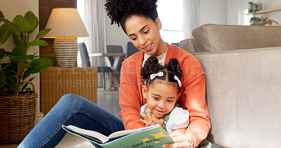 Mother, child and reading education, learning and teaching with story book for kids in the home living room. Latino woman and child read book, literature or story while relax, smile or happy together
