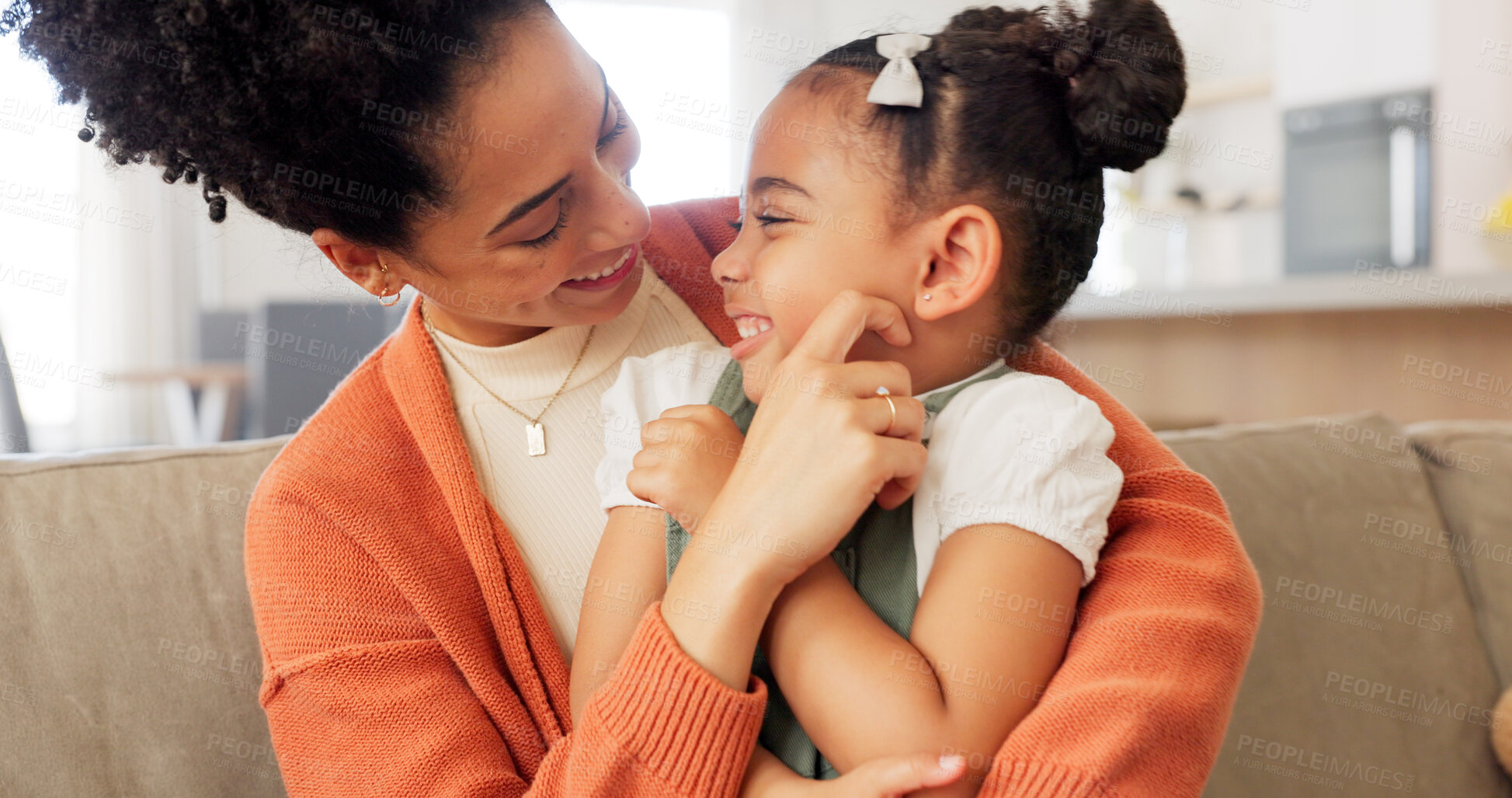 Buy stock photo Happy, sofa and mother and child with hug, support and love for relationship, bonding and care in living room. Family, home and mom and kid playing together for happiness, joy and relax on the couch