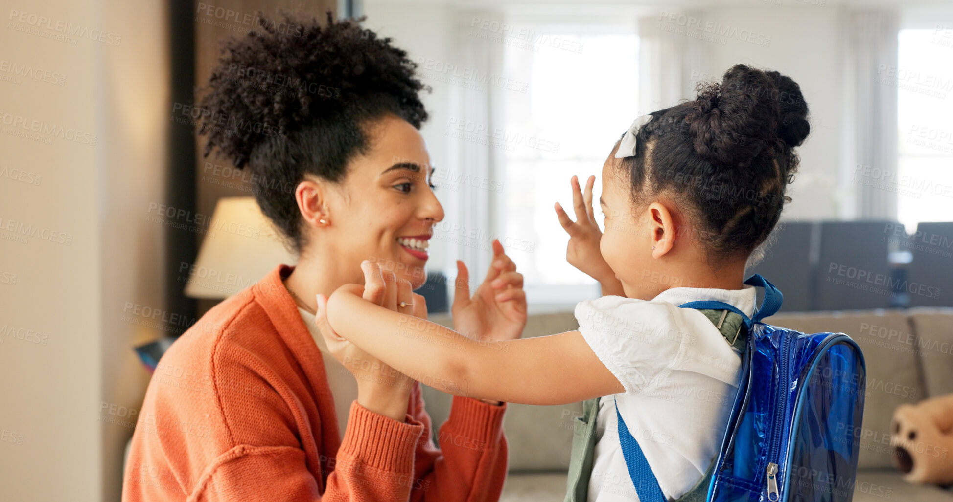 Buy stock photo Back to school, mom and hug with young girl at home ready for education and class. Kindergarten, mother support and happy child together with backpack and smile in a living room with love and care