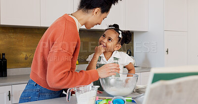Cooking, learning and mother with girl in kitchen for cake, health and food together. Relax, wellness and help with mom and child chef at table in family home for happy, relax and baking lifestyle