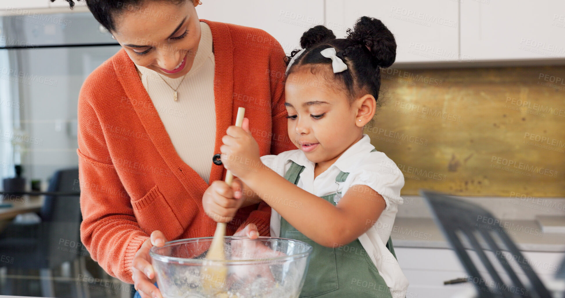 Buy stock photo Baking, kitchen and child help mother with cooking for bonding, fun and learning with food. Happy family, dessert and mom teaching girl to bake with flour, mix ingredients and prepare cake in home