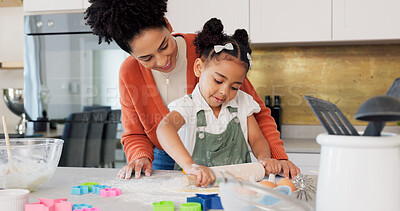 Cooking, mother and flour fun in kitchen with pin for baking, cookies and black family bonding in house. Mama, child and learning cookie baker skill in home with happy smile together with parent.