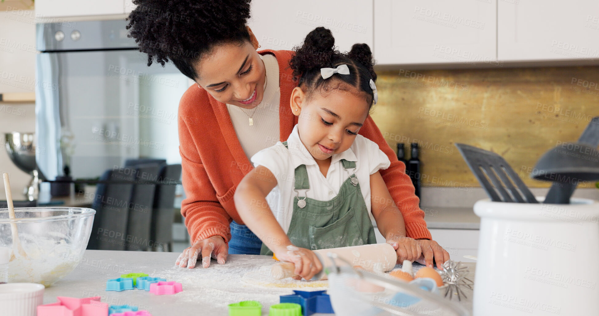 Buy stock photo Baking, kitchen and mother with child with dough for learning, helping and bonding with recipe. Happy family, African and mom teaching girl to bake with flour, ingredients and rolling pin in home