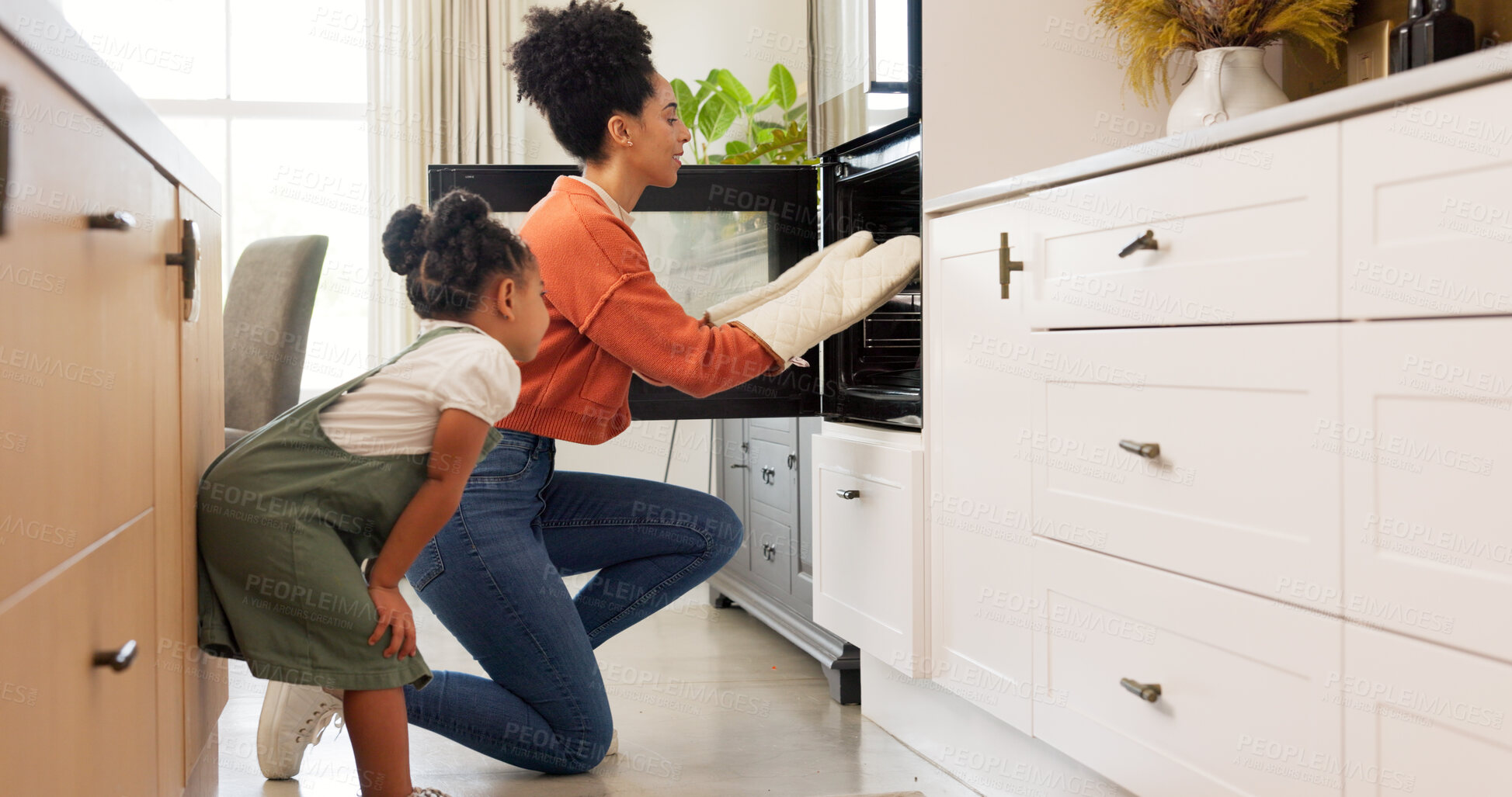 Buy stock photo Mom, girl and check oven in kitchen, inspection and excited for results, cooking or baking in family home. Chef, mother and daughter with quality assurance for cake, dessert or food at stove in house