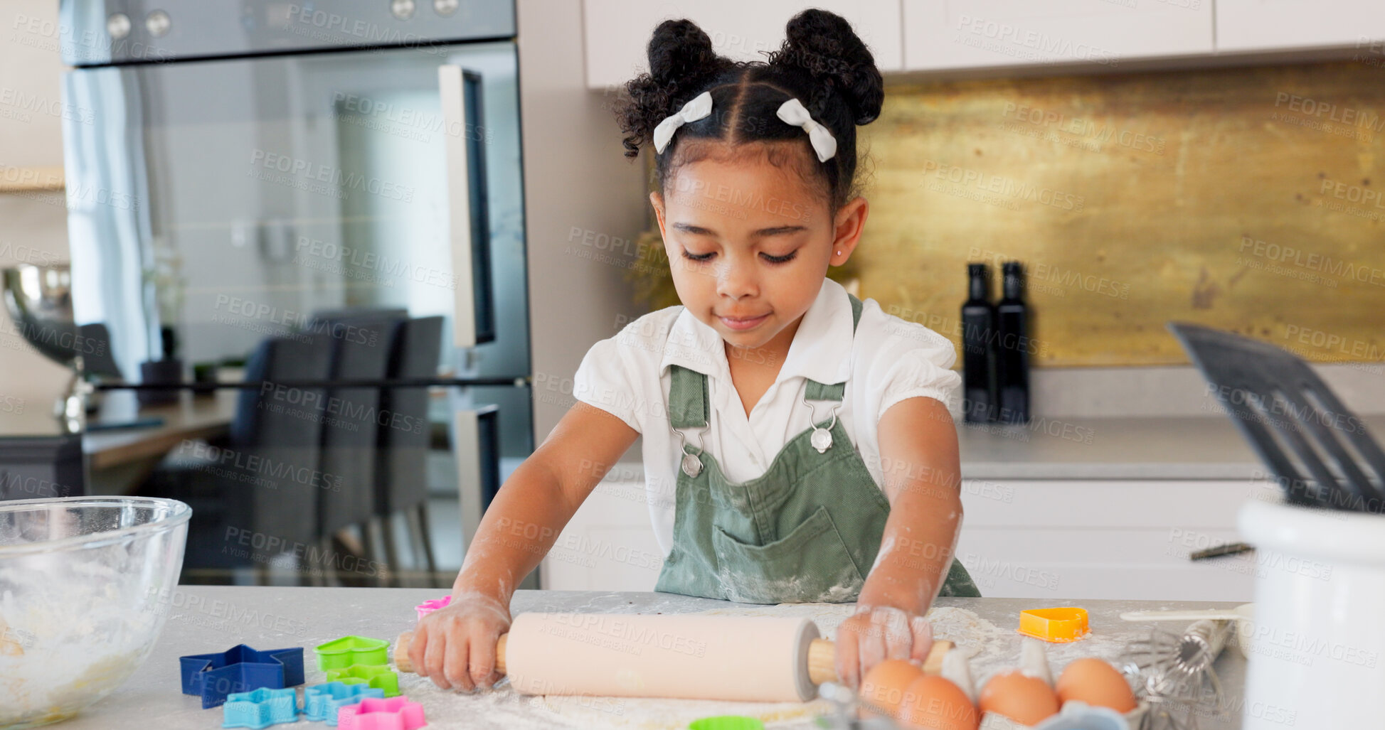 Buy stock photo Girl, kitchen and rolling pin for cooking, dough and learning with development, skills or ready for cookies. Child baker, flour and pastry in family home for food, dessert or snack with preparation