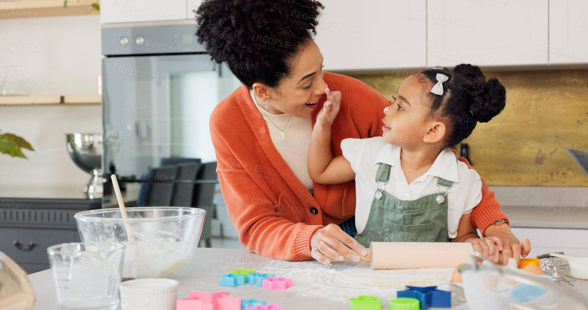 Buy stock photo Baking, kitchen and mother with child for fun, helping and bonding for recipe, food and dessert. Happy family, cooking and playful mom teaching girl to bake with flour, ingredients and learn in home