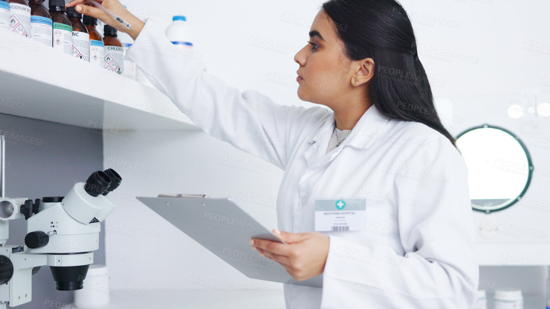 Buy stock photo Medical research, stock check and woman pharmacist with inventory in a science lab. Checklist, female worker or clinic employee with chemicals and clipboard for pharmaceutical paperwork at shelf