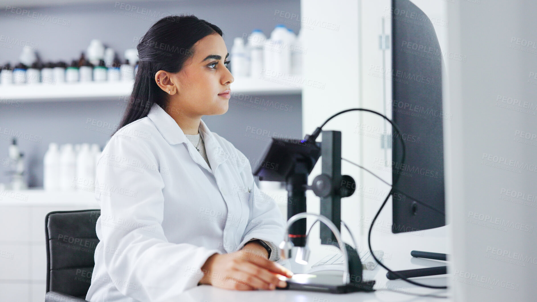 Buy stock photo Laboratory, medical science and woman at computer for innovation, website or study. Scientist, biology  or biotechnology person with pc for research, test results and development in medicine