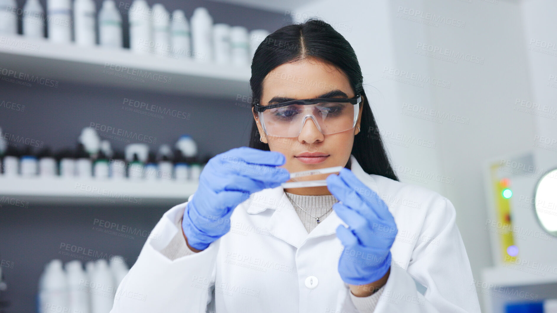 Buy stock photo Science, research and woman with test results on medical innovation in biotech laboratory. Medicine, vaccine and sample solution, scientist or lab technician checking progress on pharmaceutical study