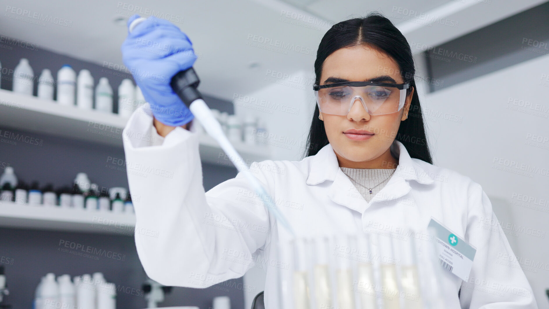 Buy stock photo Science, research and woman with pipette, test tube and medical innovation in biotech laboratory. Medicine, vaccine and solution, scientist or lab technician checking results on pharmaceutical study.