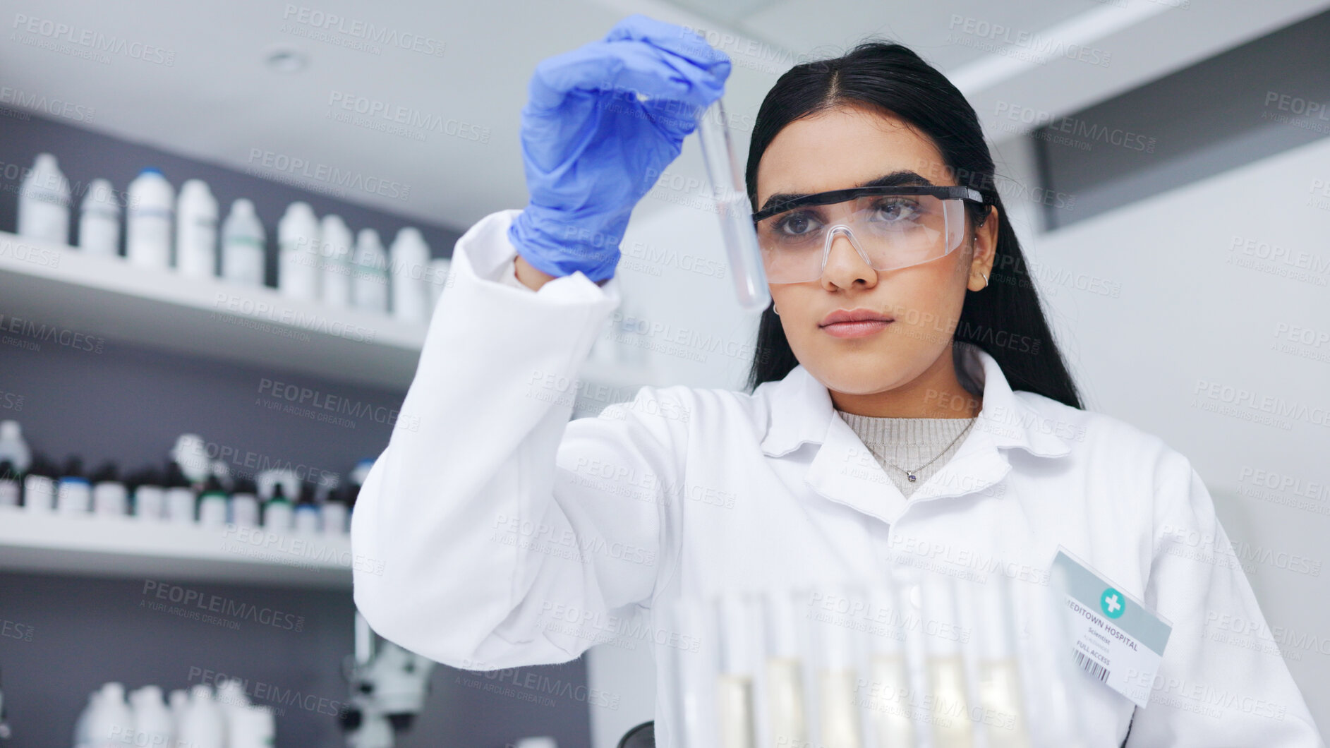 Buy stock photo Medical research, chemical check and woman scientist with study in a science lab. Chemistry, female worker or clinic employee with test tube and medicine for pharmaceutical work for clinic job