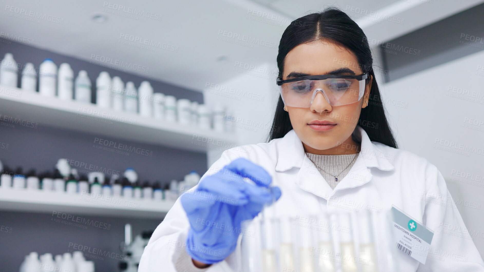 Buy stock photo Medical research, chemical and woman scientist with virus study in a science lab. Chemistry, female worker or clinic employee with test tube and medicine for pharmaceutical work for clinic job