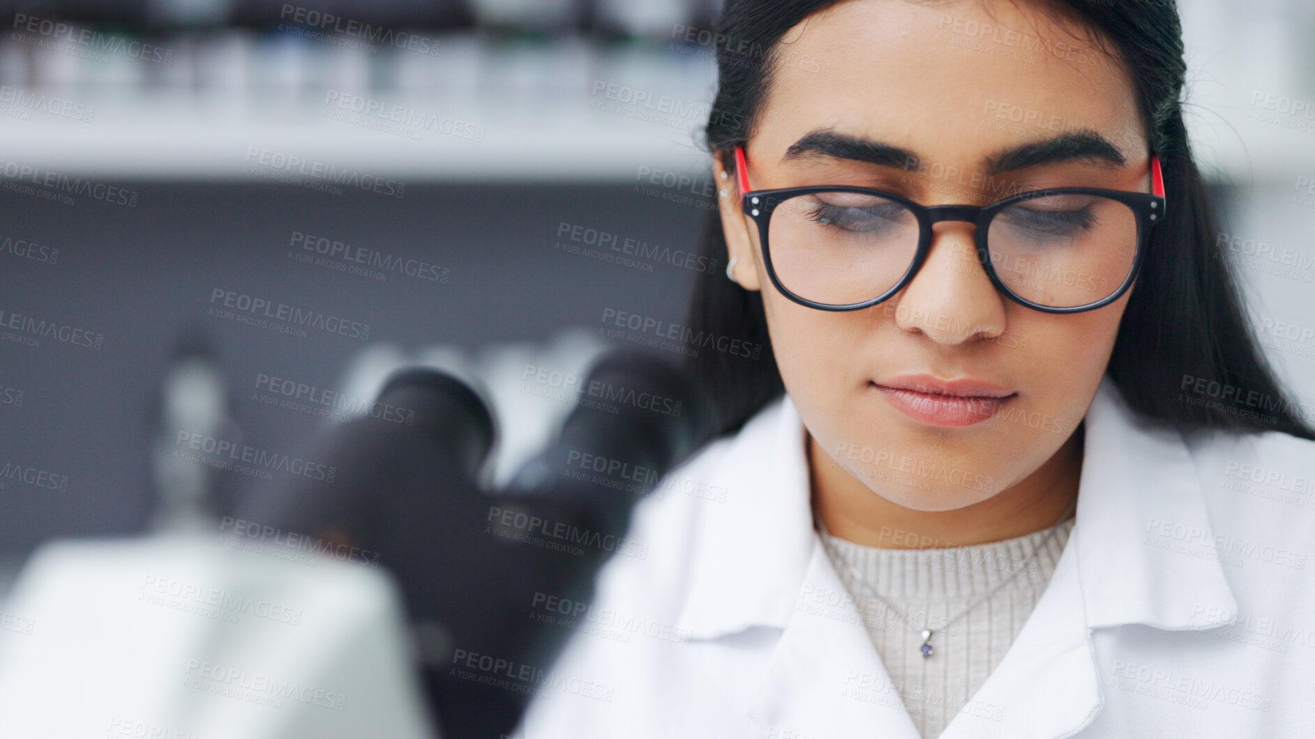 Buy stock photo Science, research and woman with glasses in laboratory checking growth, medical innovation and biotech. Medicine, development and bacteria, scientist or lab technician with microscope on test results