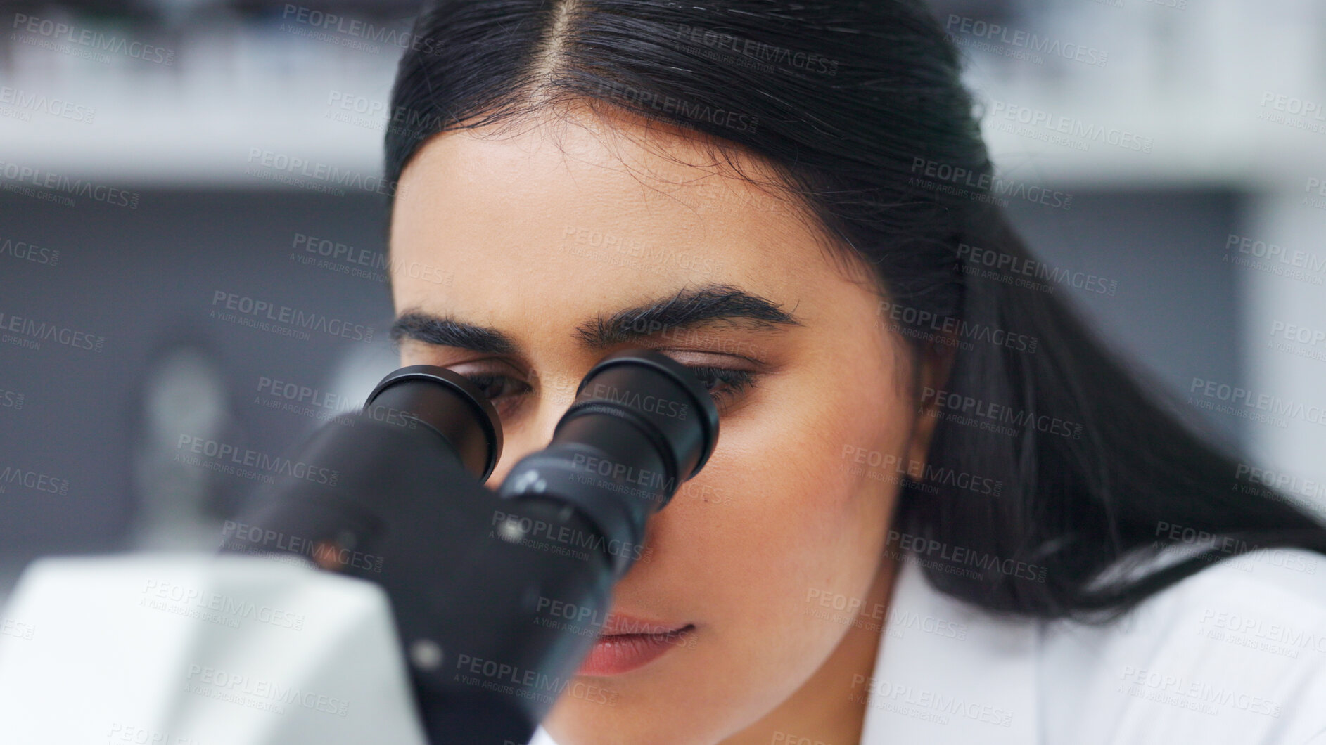 Buy stock photo Science, research and woman with microscope looking at growth, medical innovation and biotech in laboratory. Medicine, development and bacteria, scientist or lab technician with study on test results