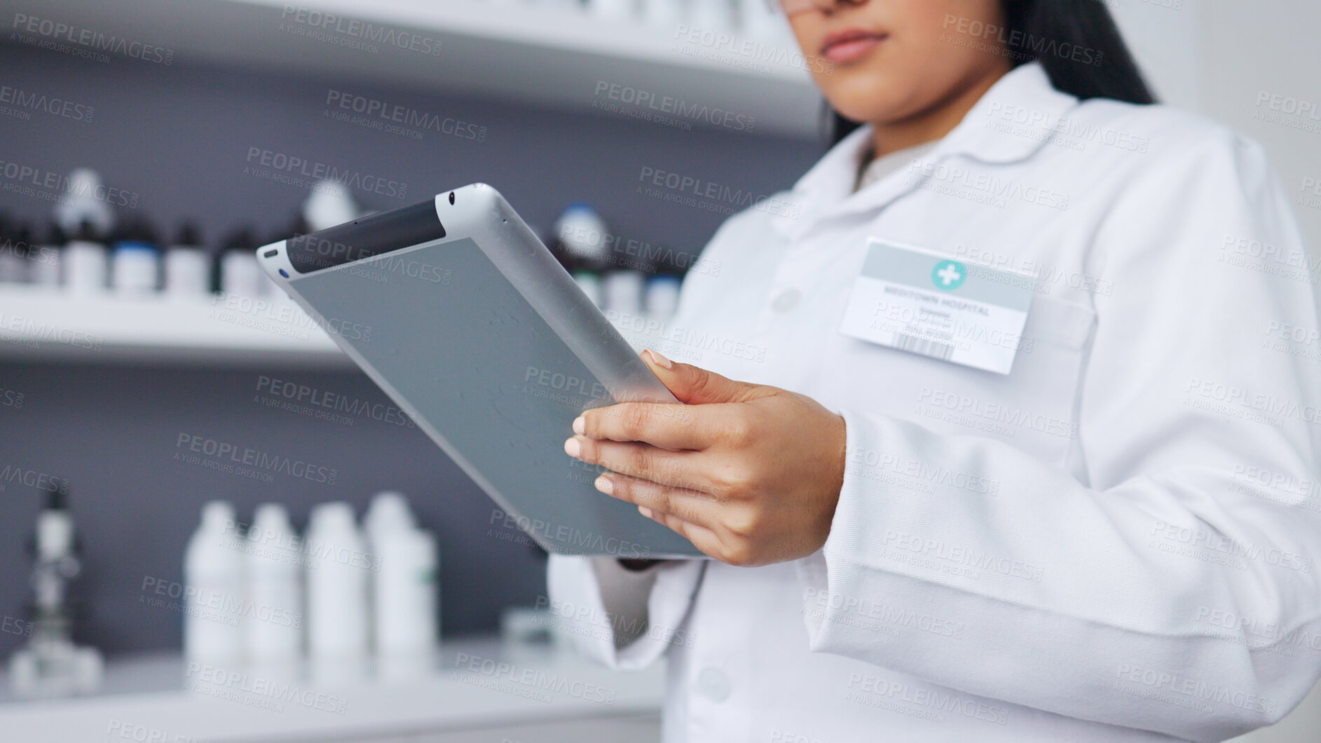 Buy stock photo Closeup, medical and research with woman, tablet and typing with connection, chemistry and healthcare. Person, scientist or employee with technology, microbiologist or search internet with experiment