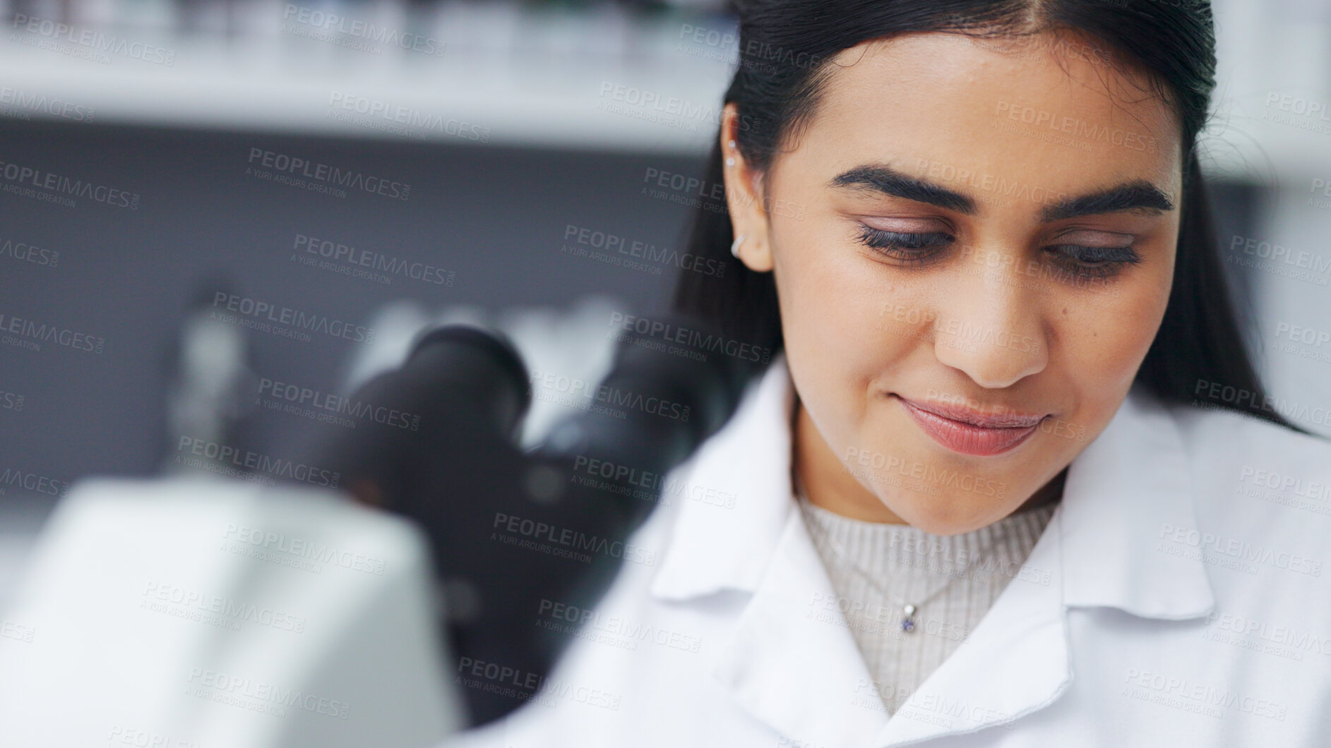 Buy stock photo Medical science, laboratory microscope and woman with smile for innovation ot future. Face of scientist, biology or biotechnology person in Saudi for research, experiment and development in medicine