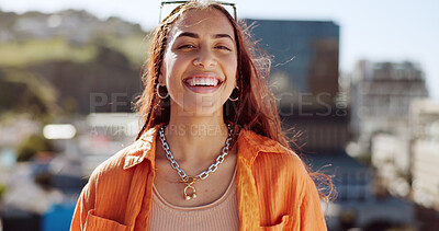 Smile, happy and laughing fashion woman in city style, trendy and cool clothes on summer Brazilian holiday. Portrait, fun student and tourist or model in urban clothing, travel location and vacation