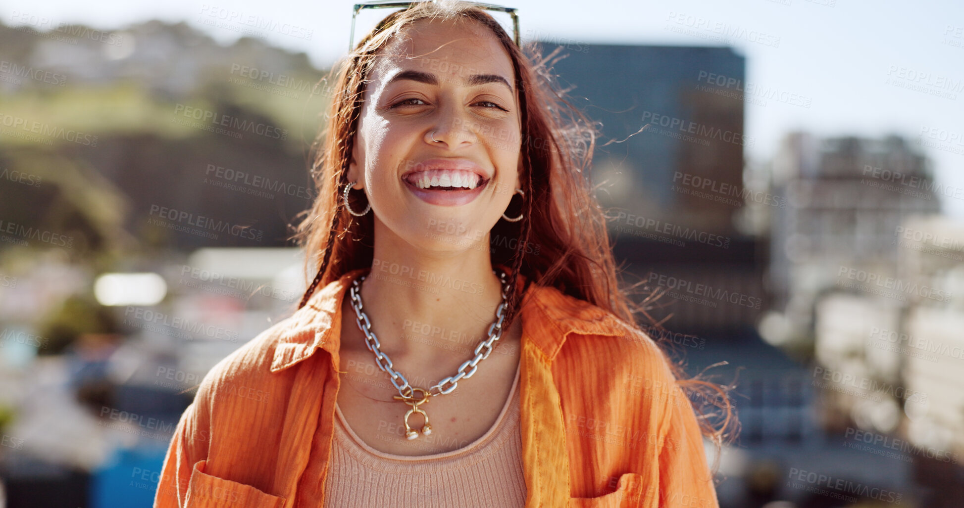 Buy stock photo Happy, woman and portrait in city with streetwear, fashion and trendy style of gen z, college student or girl in urban Brazil. Person, smile or laugh in town for holiday, vacation or travel in summer