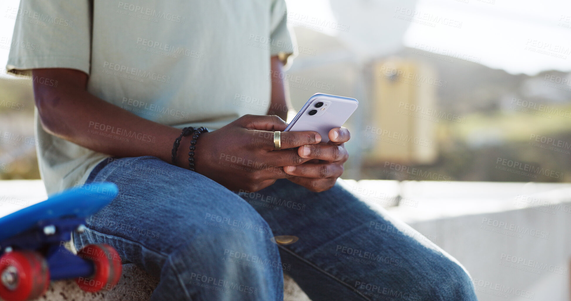 Buy stock photo Hands, smartphone and chat, social media and person outdoor at skate park with internet search and communication. Skater, urban and technology, using phone and mobile app with contact in city