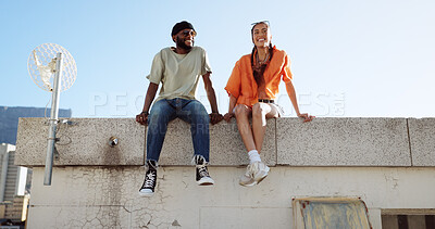 Rooftop, relax and friends for social conversation together in cool wind, sunshine and blue sky mock up space for advertising gen z youth aesthetic. Happy black people couple on urban city building