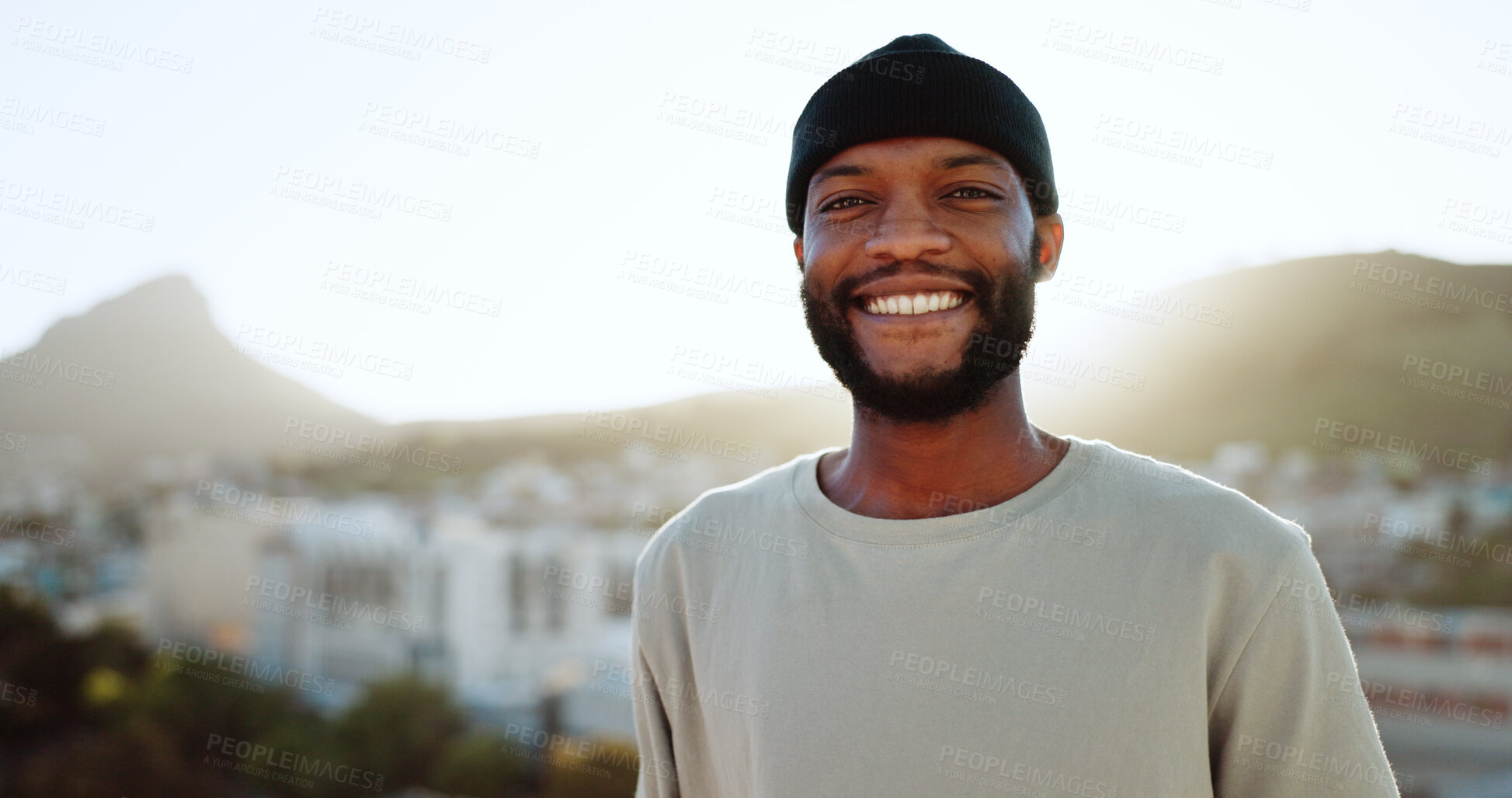 Buy stock photo Portrait, happy and street style with a black man outdoor in the city with view in the background during summer. Face, fashion and urban with a handsome young African male standing outside in town
