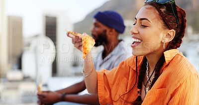 Pizza, rooftop and friends eating outdoor with cityscape for urban, gen z and youth lifestyle food. Happy, relax and hungry black people or woman and man with fast food and city buildings location