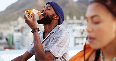 Couple, eating pizza and bonding on city building rooftop in Miami, Florida while dancing, enjoying and relaxing. Smile, happy black man and woman with fast food in relax tourist location for summer