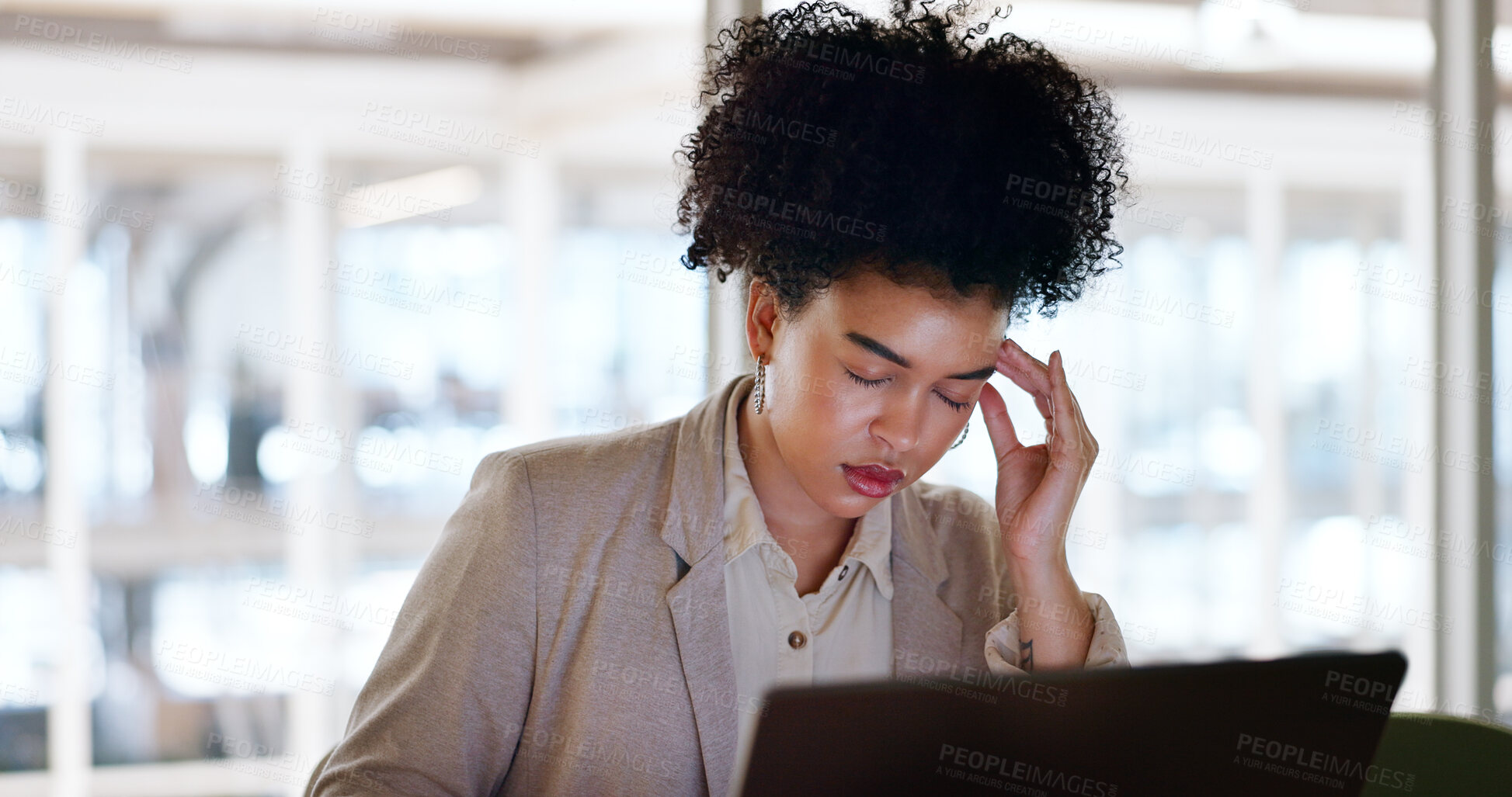 Buy stock photo Mental health, stress and woman with headache in office on laptop working on report, project and deadline. Corporate burnout, migraine pain and female worker tired, frustrated and crisis with email