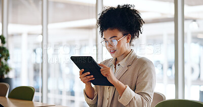 Tablet, black woman and business marketing, social media update or networking with smile. Website, company blog or online communication, office worker with glasses smile for digital strategy success