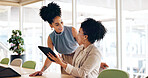 Tablet, training and business women planning, leader feedback or coaching strategy for web marketing. Support, help and black woman talking to worker on digital technology or software management app