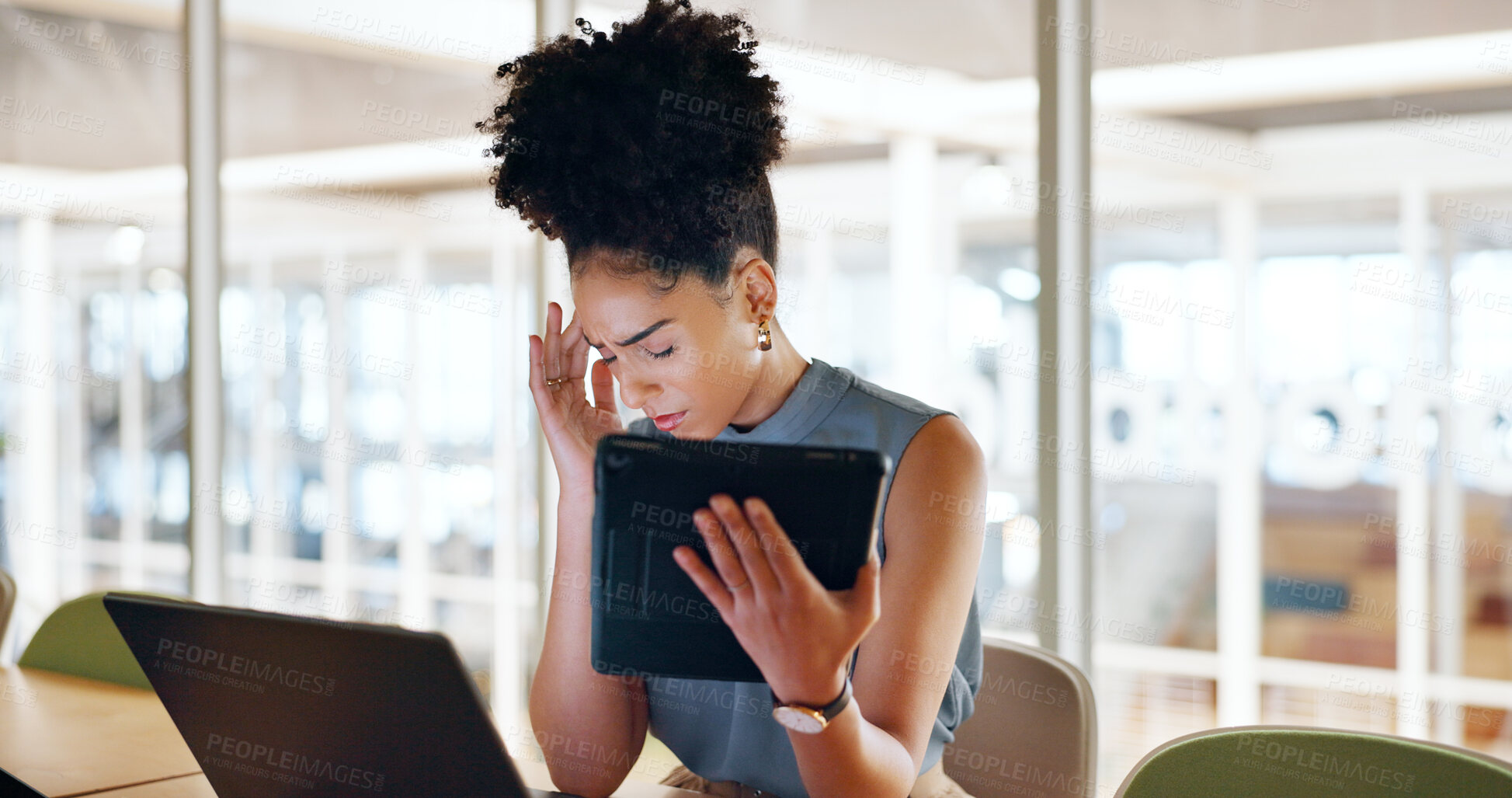 Buy stock photo Employee, headache and woman with a tablet, burnout and online report with deadline, tired or digital app. Person, worker or consultant with a pc, migraine and anxiety with tension, stress or fatigue