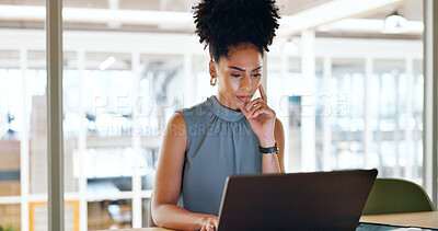 Thinking, laptop and business woman in the office doing research online for a corporate project. Technology, ideas and professional female employee from Mexico working on a report in the workplace.
