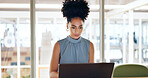 Thinking, laptop and business woman in the office doing research online for a corporate project. Technology, ideas and professional female employee from Mexico working on a report in the workplace.