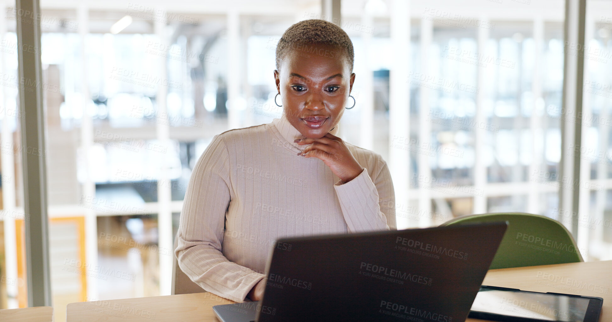 Buy stock photo Connection, laptop and working with business woman research for social media news, digital marketing or planning. Typing, strategy and agenda with African employee for idea, contact or analytics