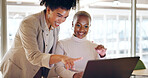 Corporate, black women an laptop for typing, connection and digital marketing in office, conversation and planning. Female employees, business partners and online research for advertising and talking